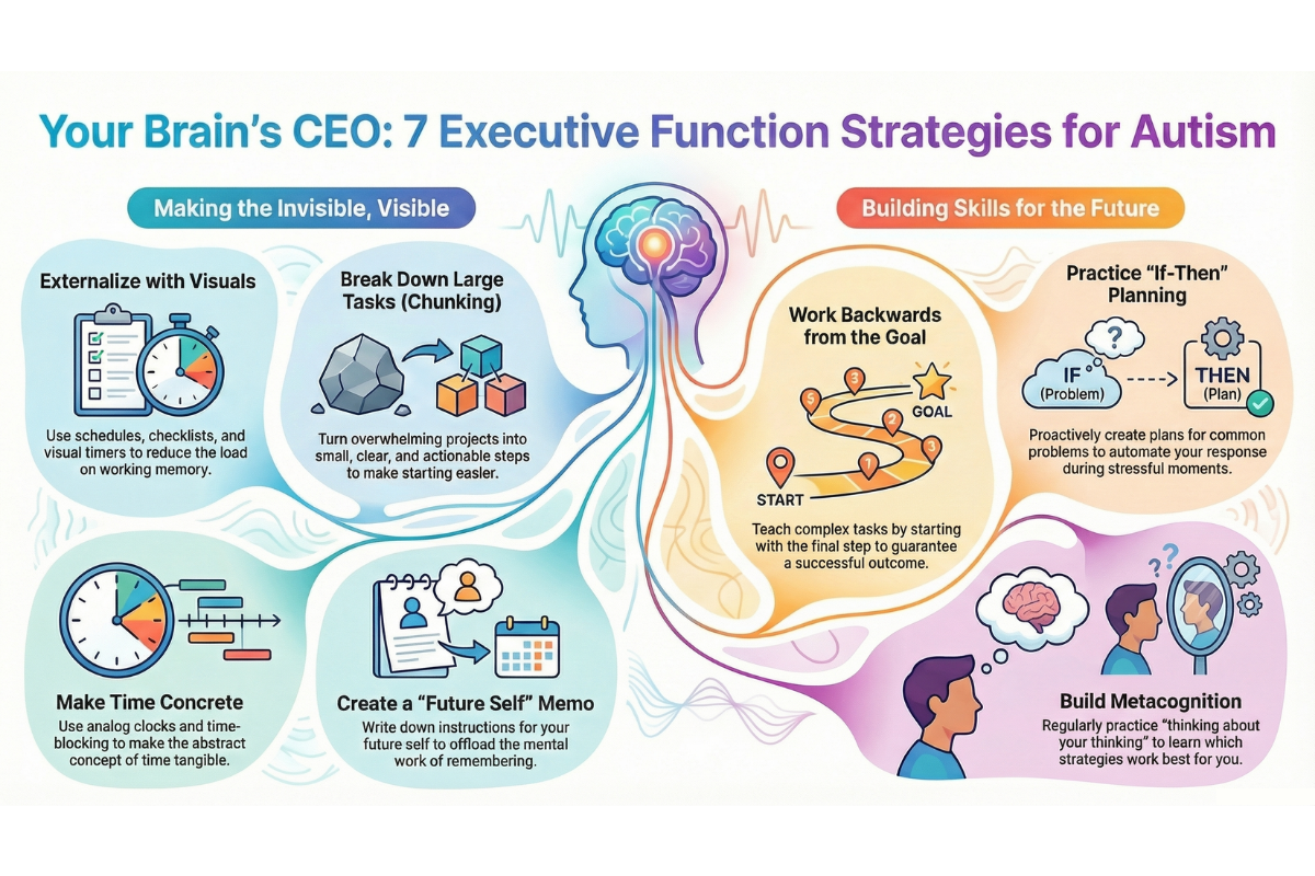 Infographic covering 7 executive function strategies for autism